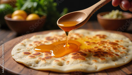 Wallpaper Mural Agave syrup dripping onto warm tortilla, traditional cooking delight Torontodigital.ca