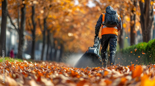 Urban sanitary service cartoon landing page. Janitor street cleaner blowing out fallen leaves on cityscape background. Man with blower cleanup city or town at autumn season, Vector ad web banner