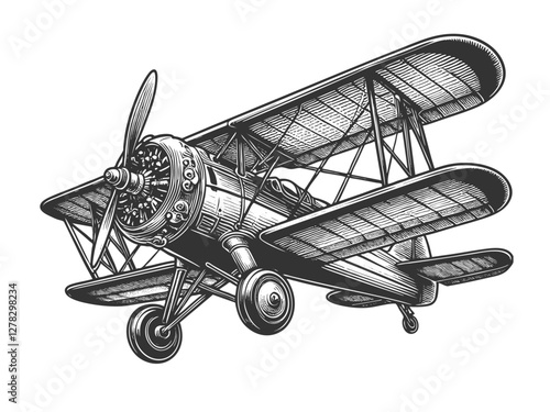 Vintage Biplane engraving vector illustration