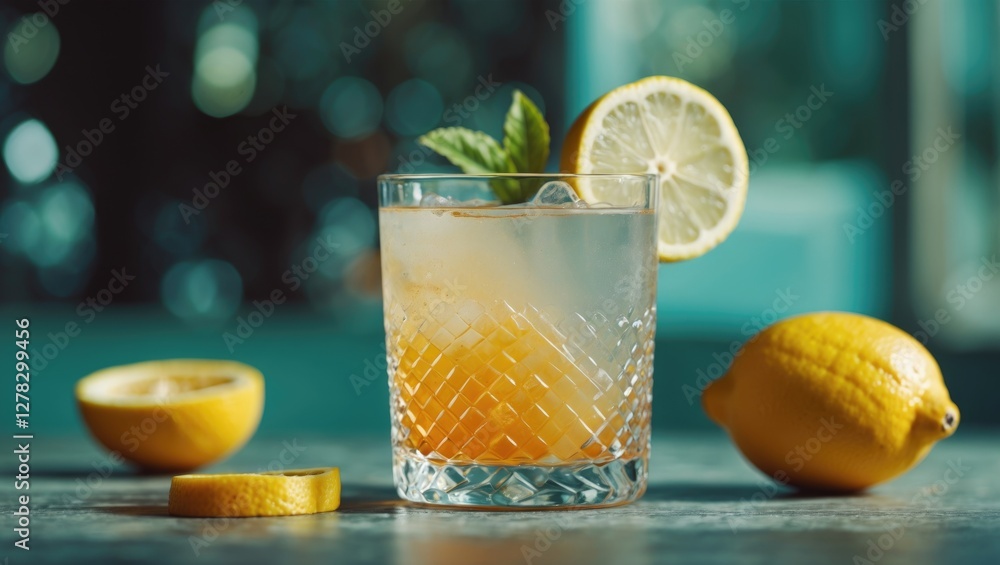 Fototapeta premium Refreshing cocktail with lemon garnish and mint, featuring crisp ice in a crystal glass, ideal for beverage promotions and summer themes.