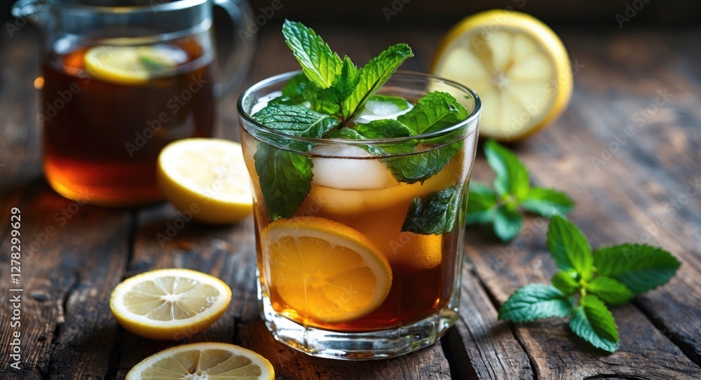 Refreshing iced tea with mint and lemon served in a glass on a rustic wooden table with fresh lemon slices and mint leaves. Refreshing iced tea with mint and lemon served in a glass on a rustic wooden table with fresh lemon slices and mint leaves.