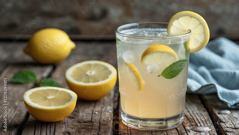 Refreshing Lemonade in a Glass with Lemon Slices on Rustic Wooden Table and Empty Space for Text or Advertisement Refreshing Lemonade in a Glass with Lemon Slices on Rustic Wooden Table and Empty Space for Text or Advertisement