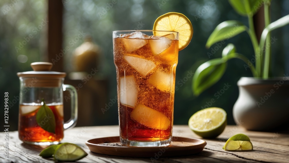 Refreshing Iced Tea with Lemon and Mint in a Rustic Setting on a Summer Day Refreshing Iced Tea with Lemon and Mint in a Rustic Setting on a Summer Day