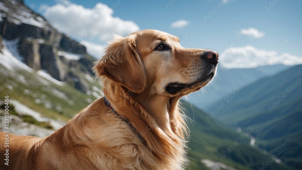 Golden Retriever Admiring Scenic Mountain View with Majestic Landscape in Background Golden Retriever Admiring Scenic Mountain View with Majestic Landscape in Background