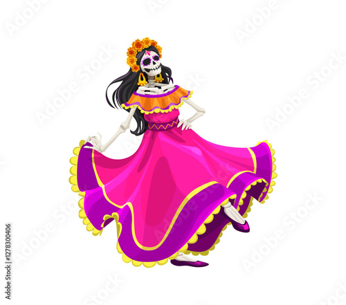 Mexican day of the dead dia de los muertos Catrin character. Holiday skeleton woman personage dressed in a colorful dress dancing traditional flamenco, celebrating festive event with joy