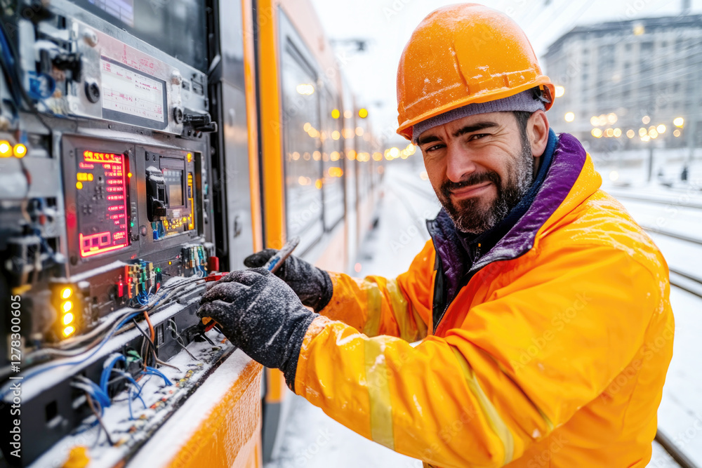 Minimalist control panel installation in winter setting for industrial safety equipment maintenance