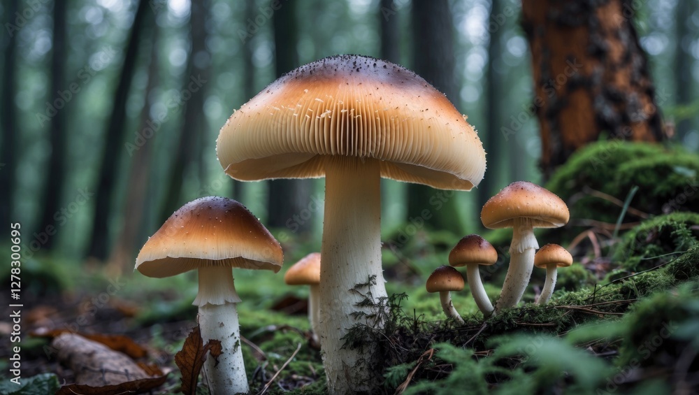 Gorchak Mushroom Group in Dense Forest Setting with Detailed Textures and Colors of Inedible False Mushrooms Gorchak Mushroom Group in Dense Forest Setting with Detailed Textures and Colors of Inedible False Mushrooms