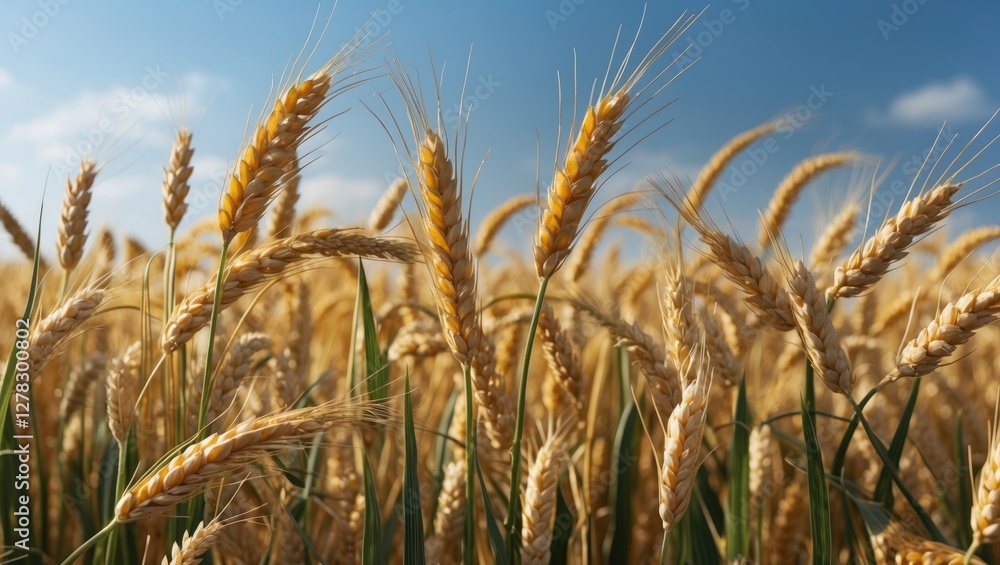 Golden Wheat Field Under Clear Blue Sky with Gentle Breeze Rolling Through the Crops. Ideal for Agriculture and Nature Themes. Golden Wheat Field Under Clear Blue Sky with Gentle Breeze Rolling Through the Crops. Ideal for Agriculture and Nature Themes.