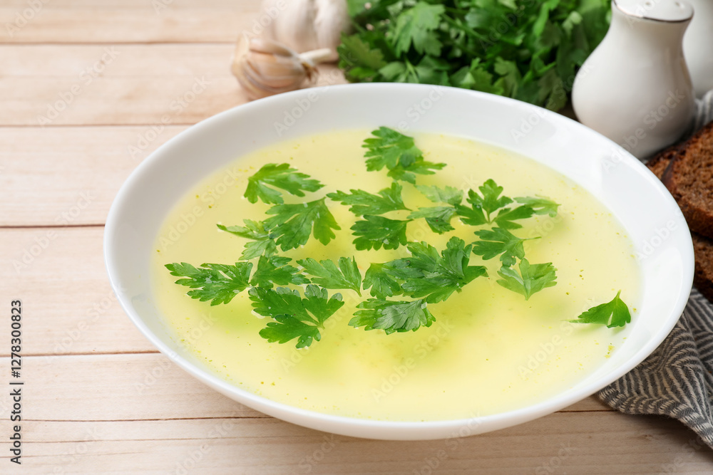 Tasty chicken bouillon in bowl on wooden table, closeup Tasty chicken bouillon in bowl on wooden table, closeup