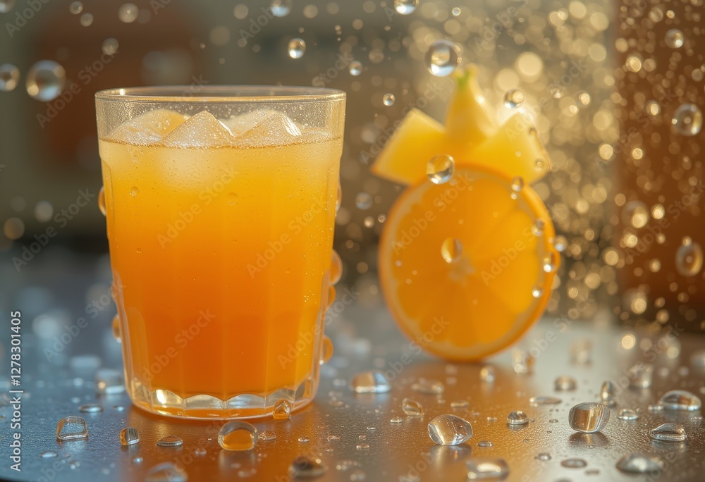 Refreshing glass of orange juice with ice cubes and garnished with orange slice and pineapple piece Refreshing glass of orange juice with ice cubes and garnished with orange slice and pineapple piece