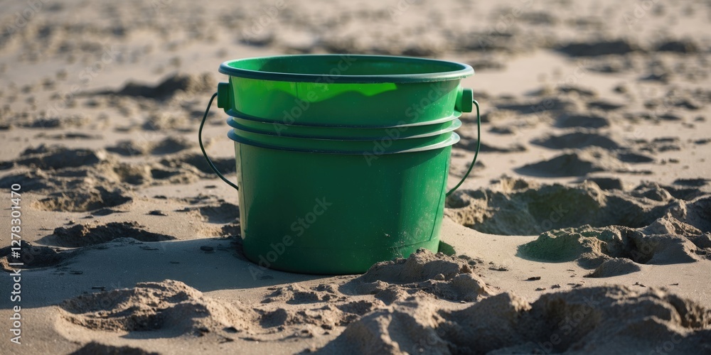 Green Plastic Bucket on Sandy Beach with Empty Space for Text or Branding Green Plastic Bucket on Sandy Beach with Empty Space for Text or Branding