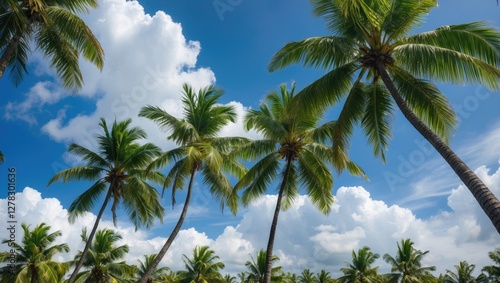 Wallpaper Mural Coconut Trees Against a Blue Sky and Fluffy Clouds Ideal for Nature and Travel Themes in Design Projects Torontodigital.ca