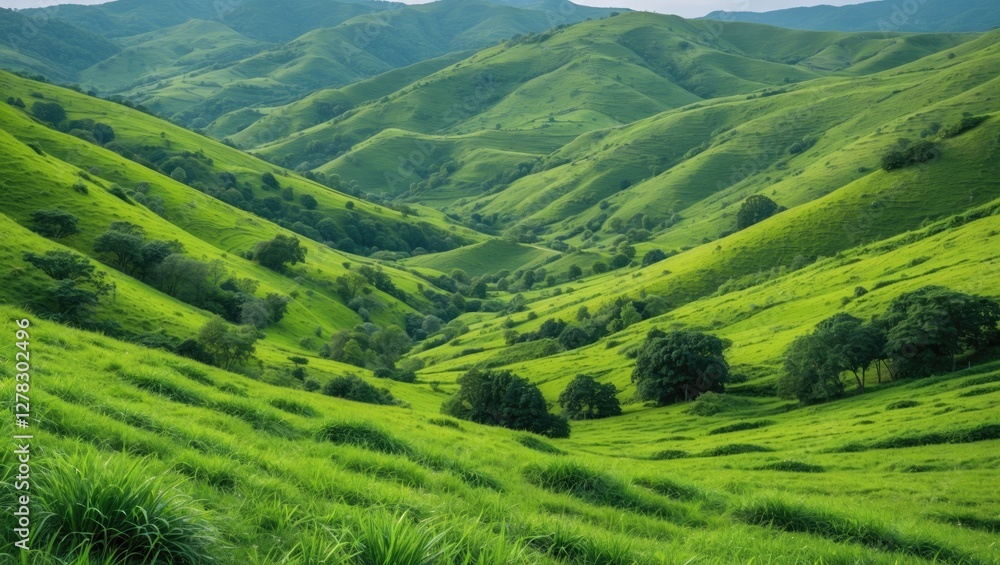 Fototapeta premium Lush Green Rolling Hills Landscape with Expansive Copy Space for Text and Nature Theme Ideal for Travel or Wellness Marketing