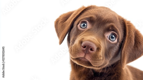 Wallpaper Mural A curious chocolate brown Labrador puppy with bright blue eyes, showcasing an innocent and playful expression against a clean white background. Torontodigital.ca