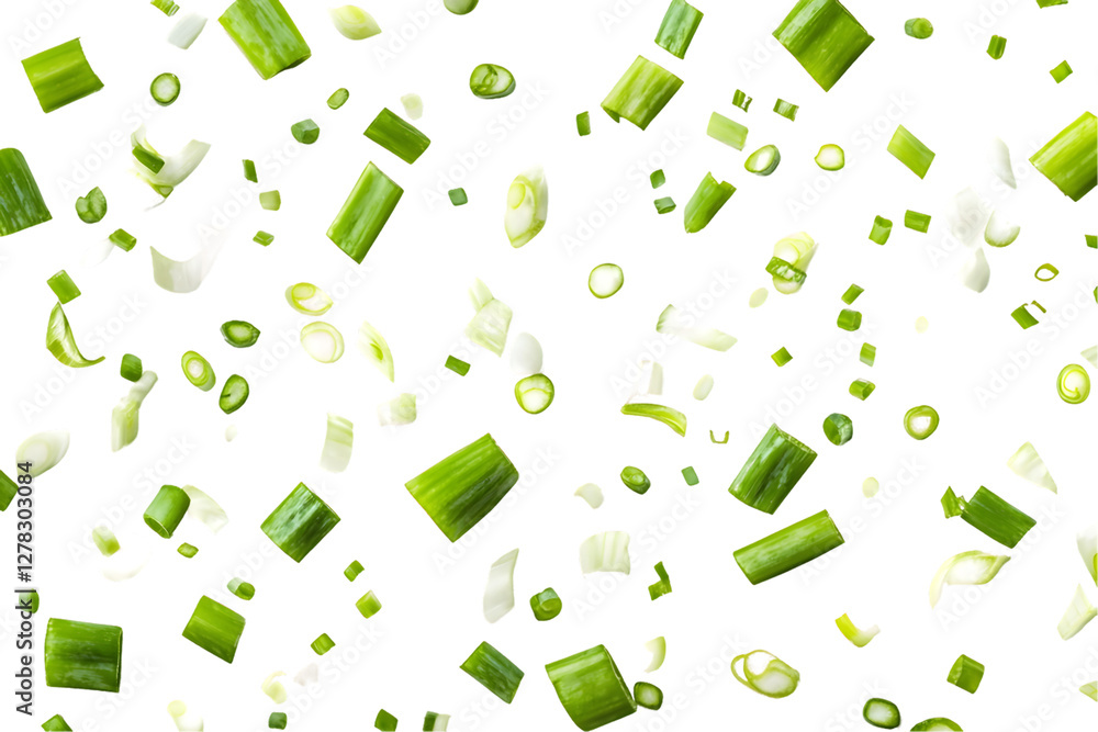 Floating green onion pieces on a transparent background. Fresh, vibrant, and appetizing, PNG Floating green onion pieces on a transparent background. Fresh, vibrant, and appetizing, PNG