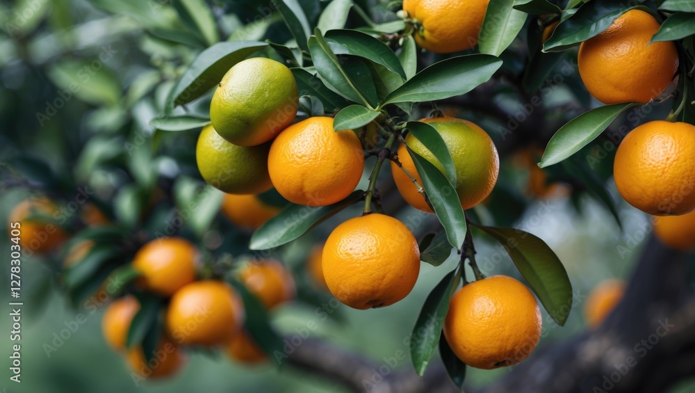 Ripe oranges and green citrus fruits hanging on a tree branch surrounded by lush green leaves in a close-up setting. Ripe oranges and green citrus fruits hanging on a tree branch surrounded by lush green leaves in a close-up setting.