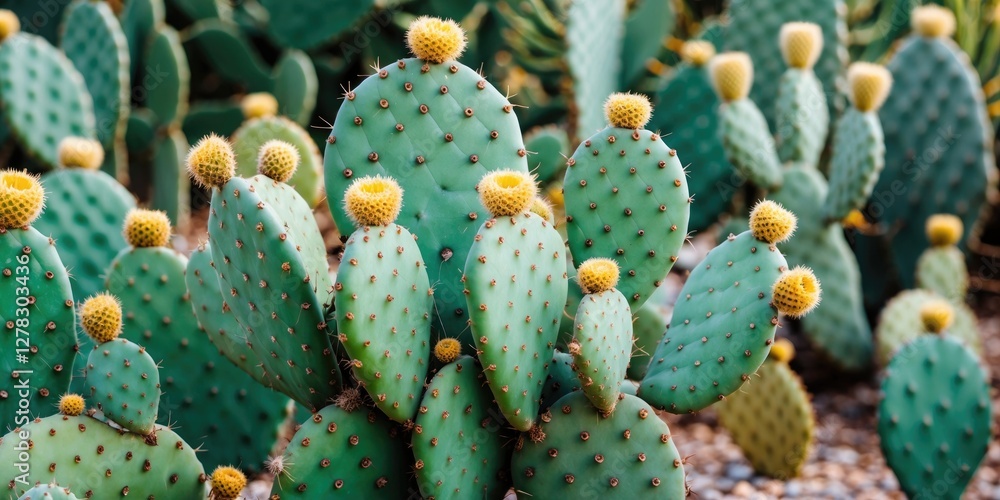 Prickly Pear Cactus with Green Pads and Yellow Blossoms in Natural Outdoor Setting Suitable for Text Overlay or Background Use Prickly Pear Cactus with Green Pads and Yellow Blossoms in Natural Outdoor Setting Suitable for Text Overlay or Background Use
