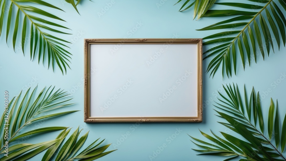 Tropical Frame with Green Palm Leaves on Light Blue Background for Text or Graphic Design Use Tropical Frame with Green Palm Leaves on Light Blue Background for Text or Graphic Design Use