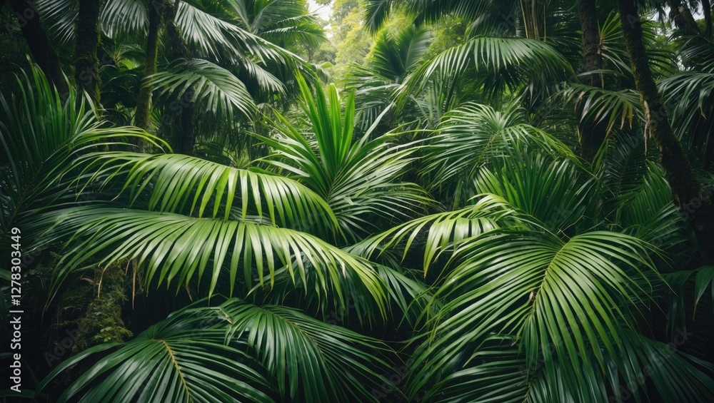 Lush Green Palm Leaves Surrounded by Dense Rainforest Vegetation in a Tropical Setting Lush Green Palm Leaves Surrounded by Dense Rainforest Vegetation in a Tropical Setting