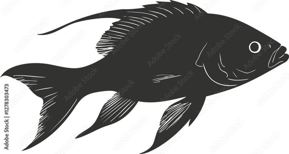 Black silhouette of a fish illustration on a white background. Black silhouette of a fish illustration on a white background.