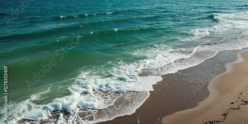 Serene Green Ocean Waves Gently Caressing Tranquil Sandy Beach With Clear Blue Sky Ideal For Relaxation And Vacation Themes photo