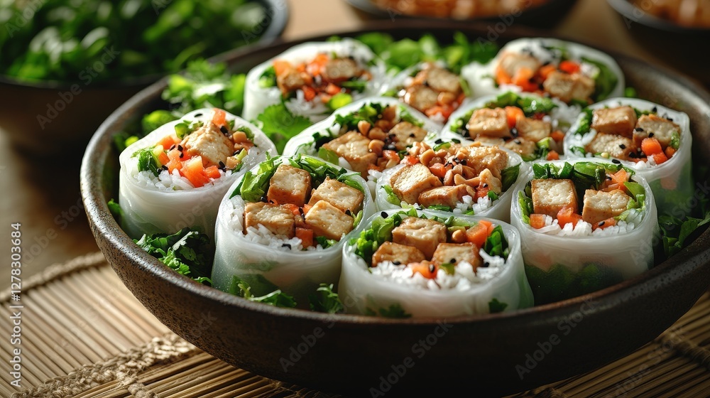 Delicious tofu and vegetable spring rolls in a rustic bowl, perfect for a healthy and flavorful meal. Delicious tofu and vegetable spring rolls in a rustic bowl, perfect for a healthy and flavorful meal.