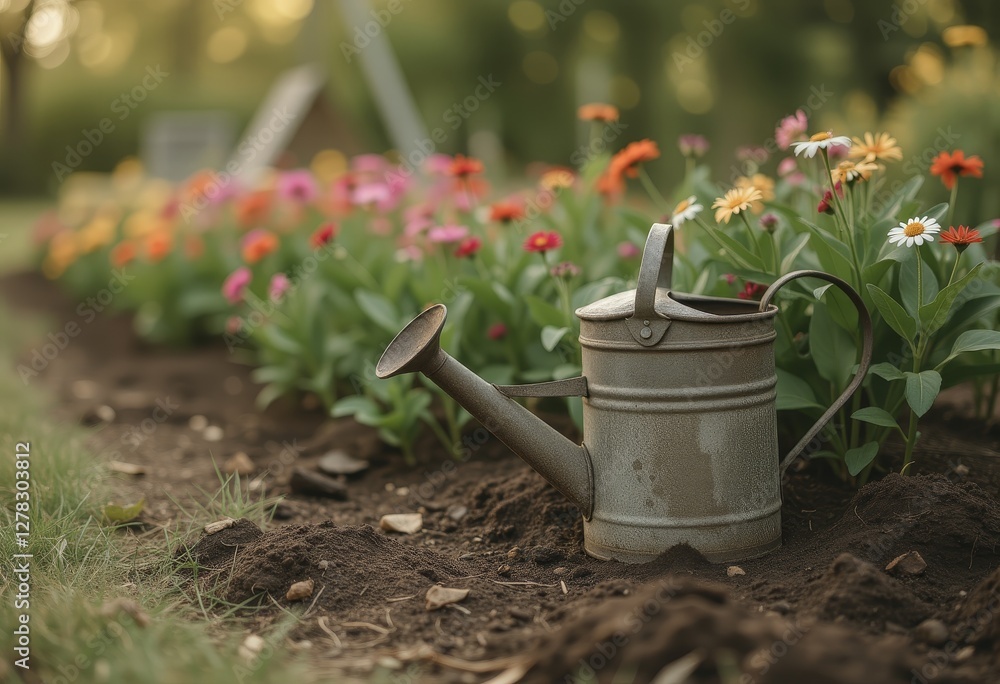 Rustic metal watering can amidst a colorful flower garden with fresh blooms Rustic metal watering can amidst a colorful flower garden with fresh blooms