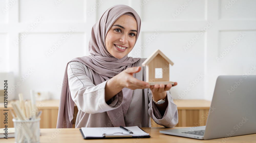 Confident Saudi Businesswoman in Hijab Presenting a Miniature House Model for Real Estate Investment at Office Desk Confident Saudi Businesswoman in Hijab Presenting a Miniature House Model for Real Estate Investment at Office Desk