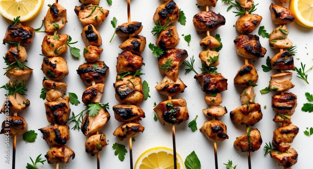Grilled Chicken Skewers with Fresh Herbs and Lemon Slices Top View Delicious Kebab for BBQ and Culinary Design Use Grilled Chicken Skewers with Fresh Herbs and Lemon Slices Top View Delicious Kebab for BBQ and Culinary Design Use