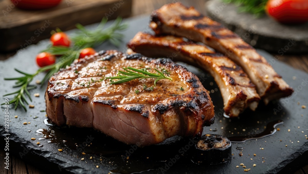 Savory Grilled Pork Chop and Ribs Garnished with Fresh Herbs and Cherry Tomatoes on Rustic Slate Serving Plate Savory Grilled Pork Chop and Ribs Garnished with Fresh Herbs and Cherry Tomatoes on Rustic Slate Serving Plate