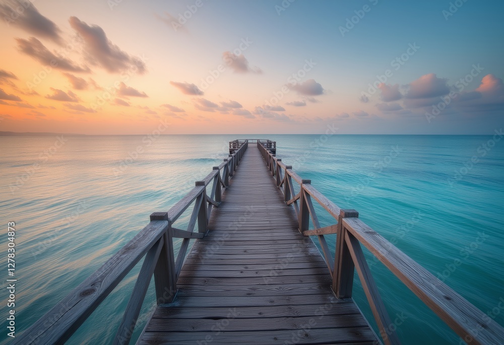 Obraz premium Wooden pier leading to clear blue ocean waters with sunset sky offering tranquil view