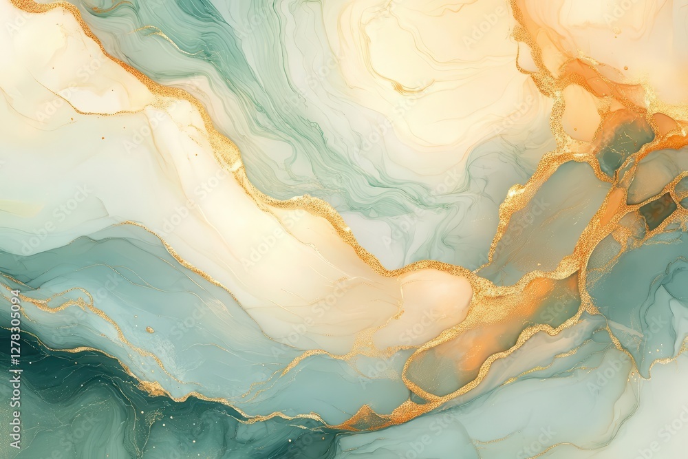 Fototapeta premium abstract fluid art with vibrant coral and gold swirls, ethereal cloudlike formations, dreamy color transitions, high-resolution gradient