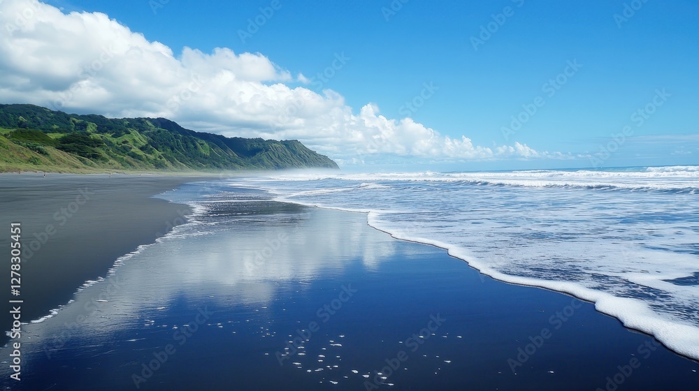 Fototapeta premium A tranquil beach scene featuring gentle waves lapping at the shore under a clear blue sky, showcasing the serene beauty of nature.