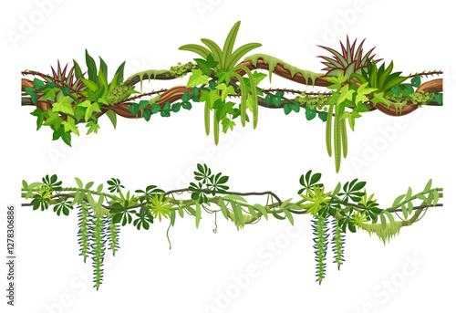 Tropical jungle forest liana branch with climbing roots and leaves. vector green foliage spinney with hanging vines. Amazon or african rainforest nature. Tree branches, thicket plants for game