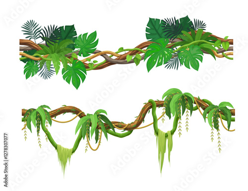 Tropical jungle forest liana branch. vector rainforest vines and thickets. Amazon or african flora hanging creeper plants. Isolated tropic nature foliage, spinney gui elements, game landscape