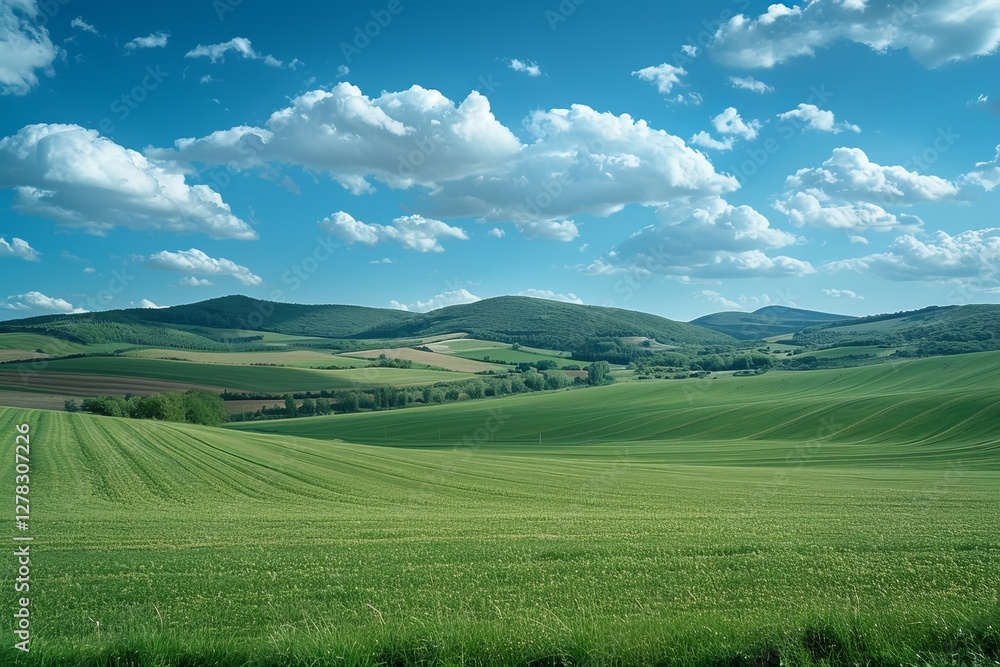 green meadow with hills on sunny day with white clouds. copy space background green meadow with hills on sunny day with white clouds. copy space background