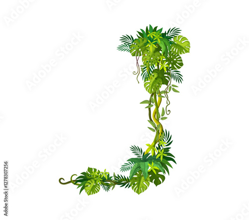 Tropical jungle rain forest vertical liana vine branch and leaves. Isolated vector lush green dense rainforest environment with climbing plants. Object of tropical flora, nature and exotic wilderness