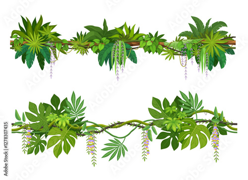 Tropical jungle forest liana branch with flowers. vector vines with hanging blossoms. Tree, plant thicket, rainforest climbing roots, leaves, green foliage spinney. Amazon or african nature