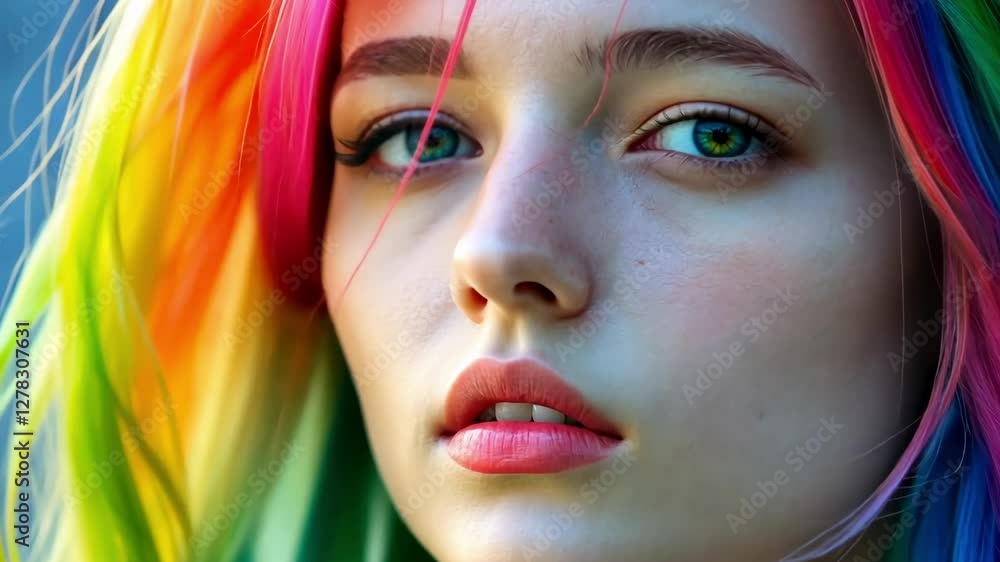 Vibrant rainbow hair waves in motion: captivating expressions and dynamic movement Vibrant rainbow hair waves in motion: captivating expressions and dynamic movement
