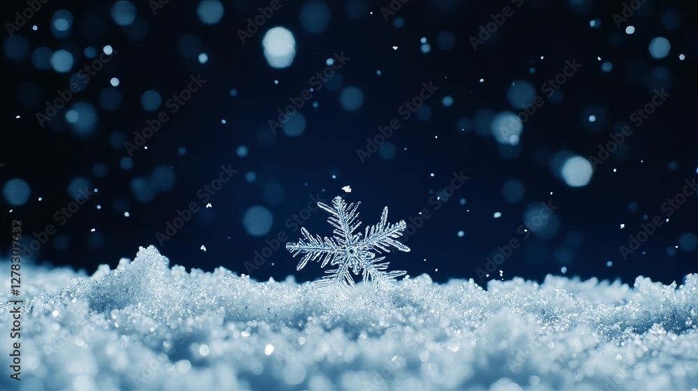 Intricate snowflake on sparkling snow with falling snowflakes in dark blue background Intricate snowflake on sparkling snow with falling snowflakes in dark blue background