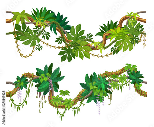Tropical jungle forest liana branch intertwined and cascading with an array of green leaves. vector green foliage spinney, dense flora of rainforest ecosystem with climbing roots and thickets