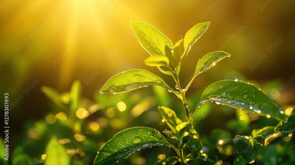 Obraz premium A close-up of fresh green leaves glistening with water droplets, illuminated by warm sunlight in a tranquil setting, symbolizing nature's vitality.