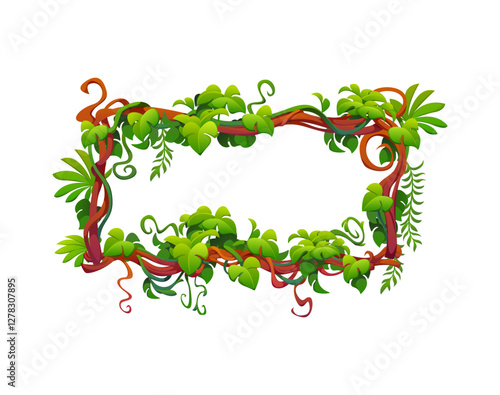 Jungle tropical forest liana green leaves frame with lush exotic plants. vector background with thickets, tree branches vines, foliage and green grass. Game rainforest flora, border template