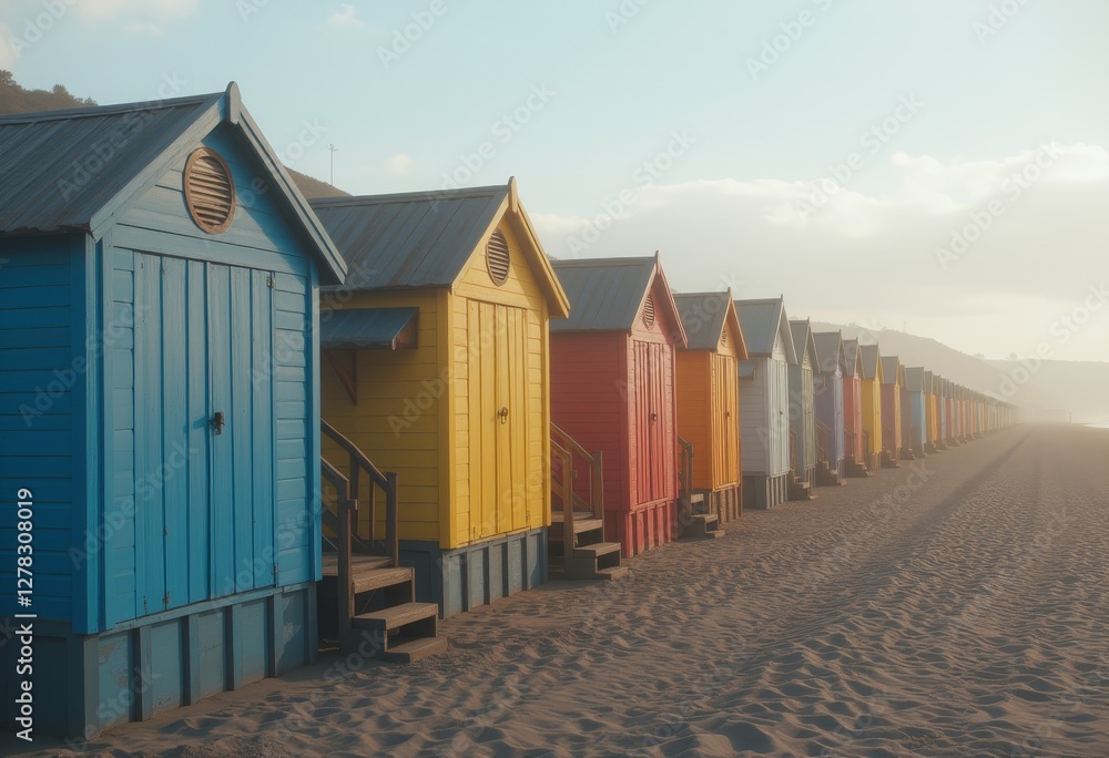 Fototapeta premium Wooden beach huts with stairs on sandy beach with footprints leading towards ocean