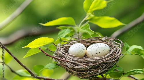 Bird nest with speckled eggs on branch in lush greenery