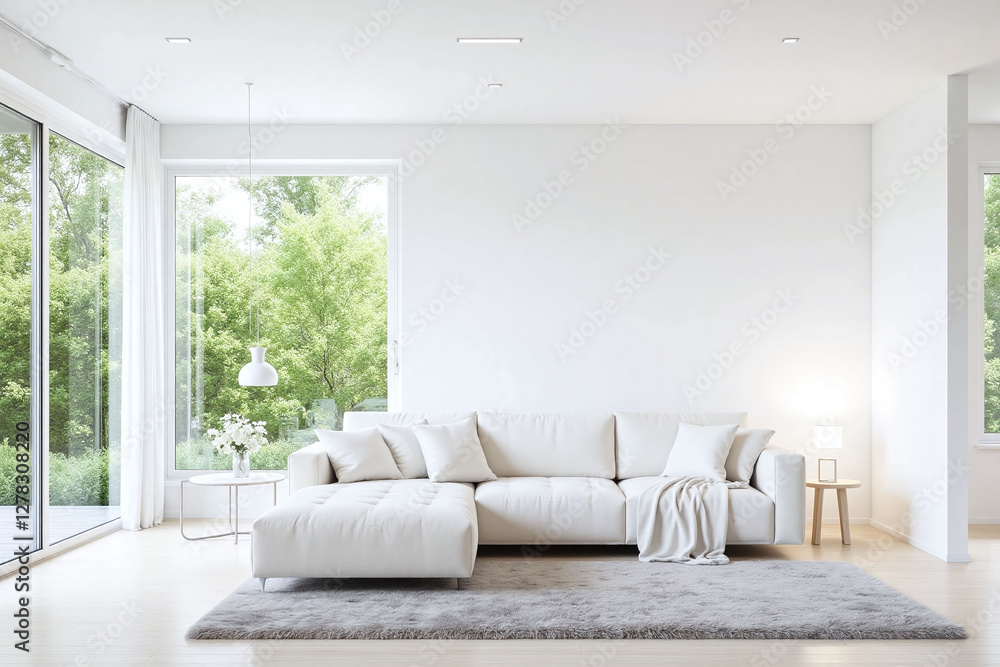 Fototapeta premium Modern living room window view greenery white sofa side tables