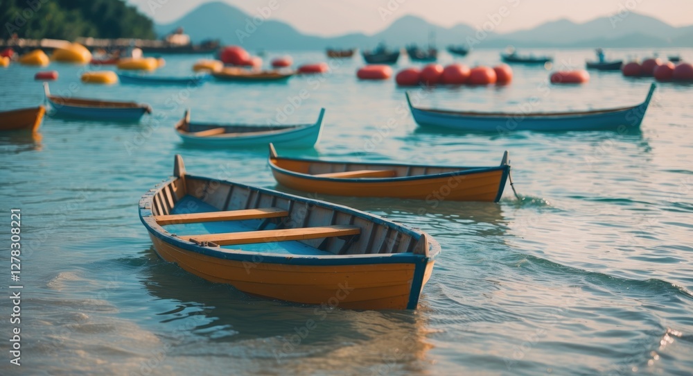 Fototapeta premium Serene Coastal Scene with Colorful Boats Floating in Shallow Water Against a Blurred Background of Beach and Mountains in the Horizon