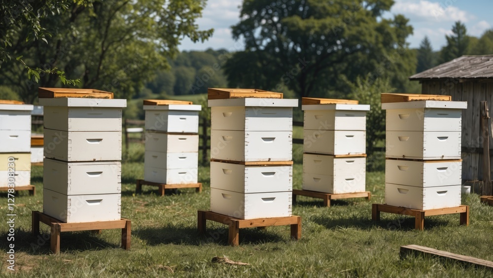 Beehives in an apiary surrounded by lush greenery creating a peaceful atmosphere with ample space for text or branding placement. Beehives in an apiary surrounded by lush greenery creating a peaceful atmosphere with ample space for text or branding placement.