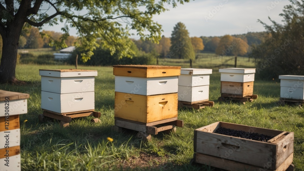Beekeeping Equipment in a Scenic Apiary with Colorful Hives Surrounded by Lush Greenery and Open Space for Custom Text or Branding Beekeeping Equipment in a Scenic Apiary with Colorful Hives Surrounded by Lush Greenery and Open Space for Custom Text or Branding