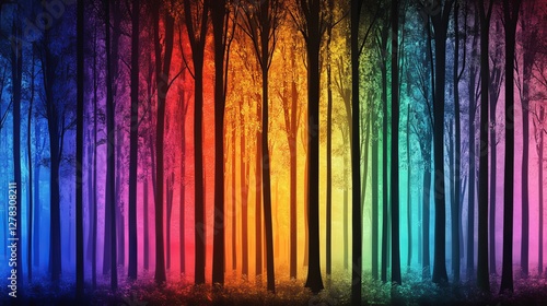 Vibrant rainbow forest illuminated by multicolored light beams at twilight